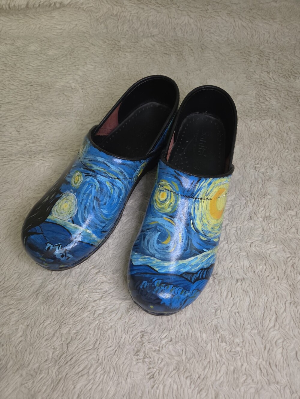 Women's Sanita Van Gogh Starry Night Art Print Clogs Shoes Sz 39 - Picture 2 of 15